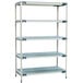 A white MetroMax i metal shelving unit with blue trim and four shelves.