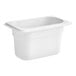 A white Cambro plastic food pan with a lid.