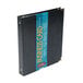 A black Samsill business card binder with a blue label on the spine.