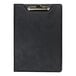 A black vinyl Samsill padfolio with brass clip on a table.