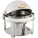 A Bon Chef stainless steel round chafer with gold accents and a lid.