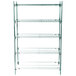 A green Metro Super Erecta wire shelving unit with four shelves.