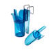 A blue plastic container with a San Jamar ice scoop holder and a couple of ice scoops.