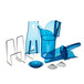 A blue plastic container with a blue plastic ice scoop holder inside.