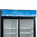 A white refrigerator with a blue sky on the side and "Refrigerator" in blue letters.