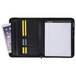 A black leather Samsill pad holder with white paper inside.
