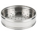 A round stainless steel dim sum steamer with holes in it.