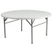 A Flash Furniture white round plastic folding table with metal legs.