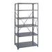 A Safco dark gray steel shelving unit with five shelves.