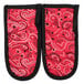 A red bandana with black and white designs.