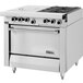 A large stainless steel Garland commercial gas range with two burners and a hot top over a standard oven.