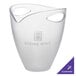 A clear plastic tulip-shaped container with two handles and a grape logo.