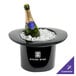 A black hat wine bucket with a bottle of wine in it.