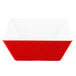 A red square melamine bowl with a white bottom.