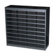A black steel Safco file organizer with 36 compartments.