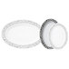 A white oval melamine platter with a black and grey ornate design.