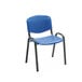 A close-up of a Safco blue plastic contour stack chair with black legs.