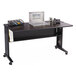 A Safco mobile computer desk with a laptop and a printer on a table.