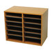 A wooden Safco oak file organizer with 12 sections on a table.