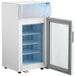 An Avantco white countertop freezer with a glass swing door.