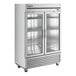 A True two section glass door reach-in refrigerator with stainless steel doors.