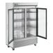 A silver True reach-in refrigerator with two glass doors.