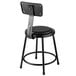 A black round lab stool with adjustable padded backrest.