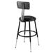 A black National Public Seating lab stool with adjustable padded backrest.