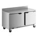 A stainless steel Beverage-Air worktop refrigerator with two doors on wheels.