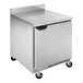 A silver stainless steel Beverage-Air worktop refrigerator with a door on wheels.