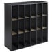 A black Safco wood mail sorter with 18 sections.