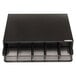 A black metal rectangular coffee pod organizer with a mesh tray.