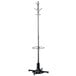 A black metal Safco coat rack with two poles and an umbrella stand ring.