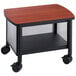 A black Safco printer stand with cherry accents and wheels.