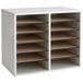 A gray Safco file organizer with 12 compartments on a white shelf.