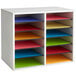 A gray Safco file organizer on a white shelf.