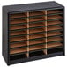 A black metal Safco file organizer with 24 compartments.