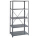 A Safco dark gray metal shelving unit with four shelves.