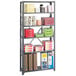 A Safco dark gray metal shelving unit with many boxes and papers on the shelves.