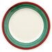 A white plate with a green rim.