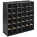 A black Safco wood mail sorter with shelves.