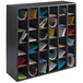 A black Safco wood mail sorter with many different colored papers in it.