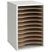 A gray Safco desktop file organizer with 11 compartments on a white surface.