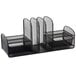 A black wire mesh desk organizer with several compartments.
