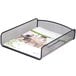 A black Safco steel mesh desk tray organizer on a table with papers in it.