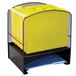 A close-up of a black metal rack with yellow files in it.