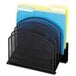A black Safco tiered mesh desktop organizer with five sections holding several folders.