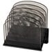 A black Safco tiered mesh desktop organizer with 5 sections.