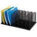 A black Safco mesh desktop organizer with eight sections holding folders.
