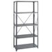 A dark grey metal shelving unit with four shelves.